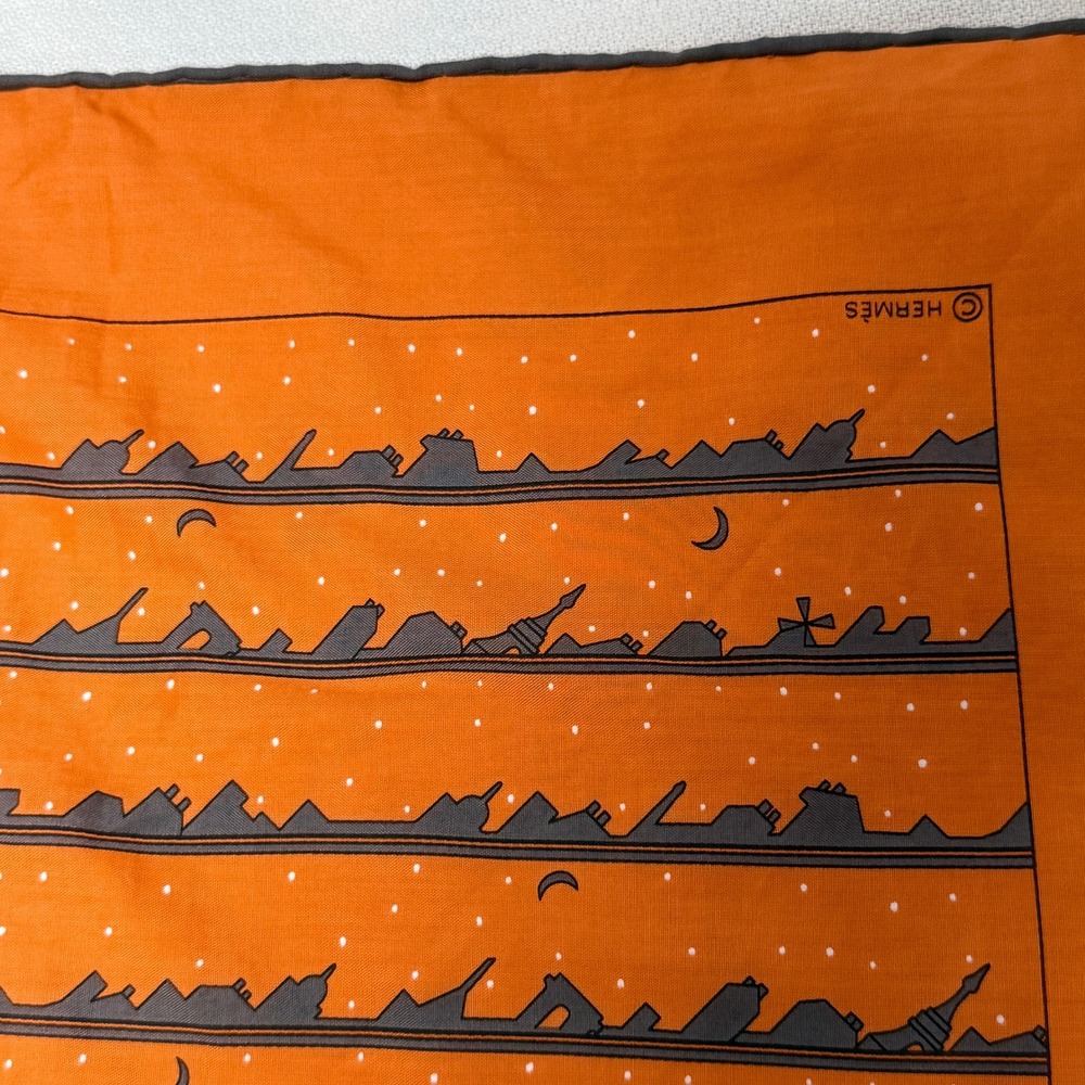 Hermes Scarf Men OS Orange Excellent Silk Paris Skyline Print - Picture 2 of 5